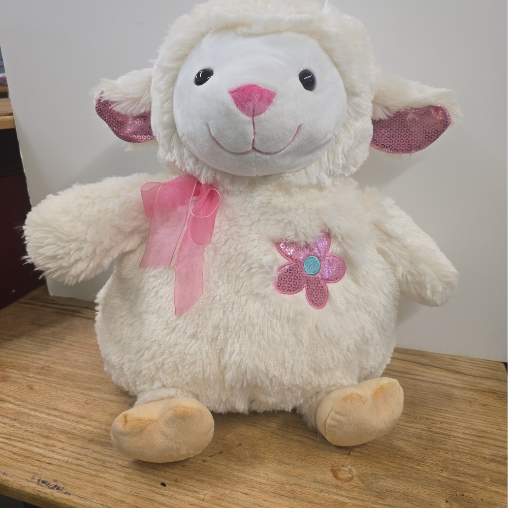 Lamb Pink Stitched Nose Mouth Big Thick Cream Soft 10" Plush Stuffed Lovey Bow